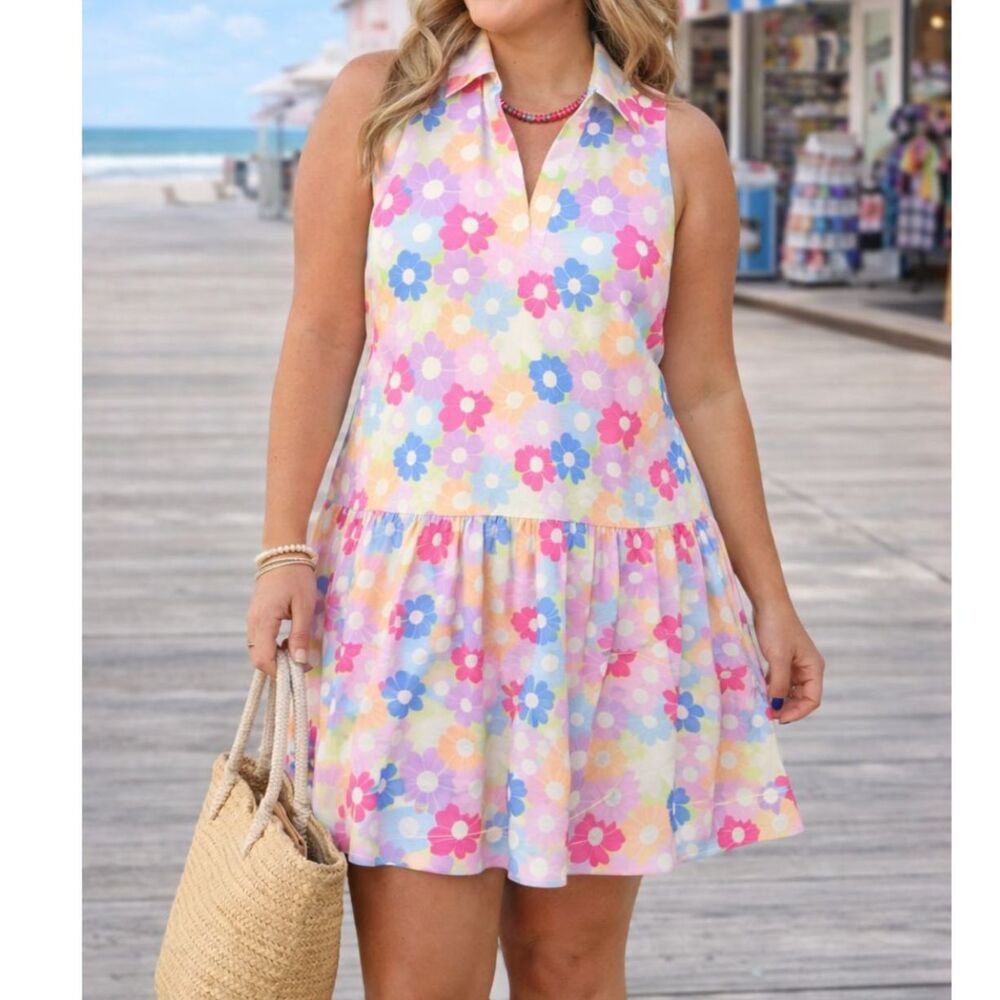 SSYS Kendall Sleeveless Collared Dress Pastel Floral Drop Waist L Summer Beachy